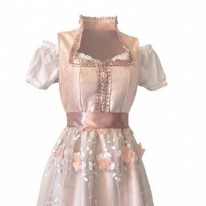 New XS Oktoberfest Pink Satin Floral Dirndl Dress Bavarian German Trachten Royal